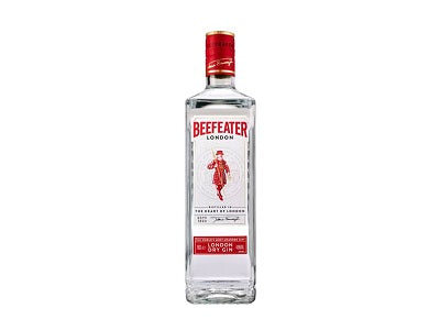 Clear gin bottle with red cap and Beefeater label