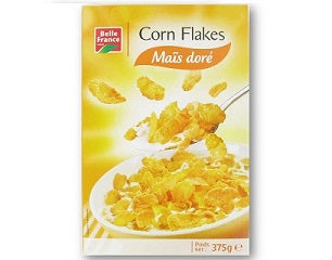 Corn Flakes cereal box with yellow packaging, 375g