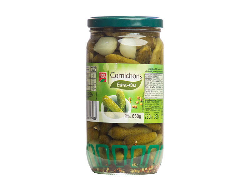 Cornichons extra-fins pickle jar, 660g, with green lid and glass container.