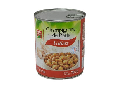 Belle France canned Paris mushrooms, 780g metal can with red and green label