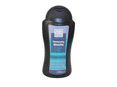 Belle France shower gel bottle, black with turquoise label, 250 ml