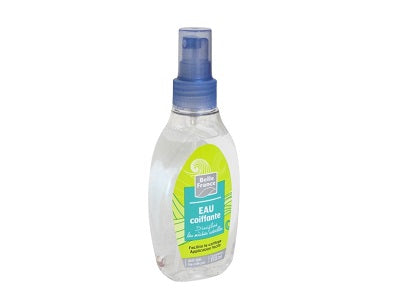Hair styling gel bottle, clear liquid with green label and blue cap, 150 ml