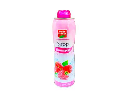 Belle France raspberry syrup bottle, pink label with berries and green leaf