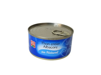 Albacore tuna can with blue label, in metal pull-tab lid