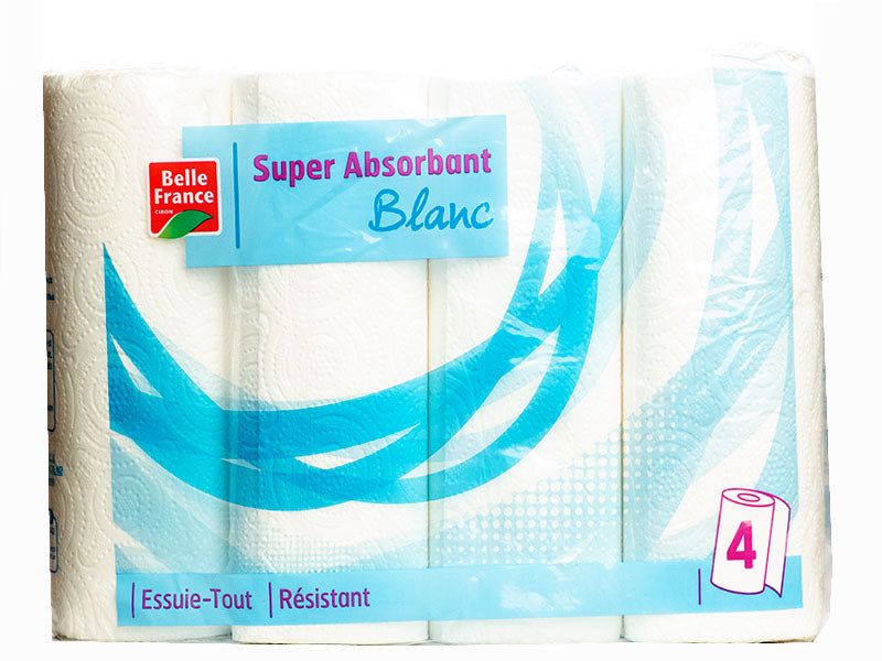 Belle France super absorbent kitchen towels, 4-roll pack, white with blue wave design