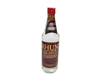 Rhum Blanc rum bottle with red cap and white label