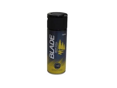 Blade Deep cool deodorant, 150 ml aerosol can with black cap and yellow label