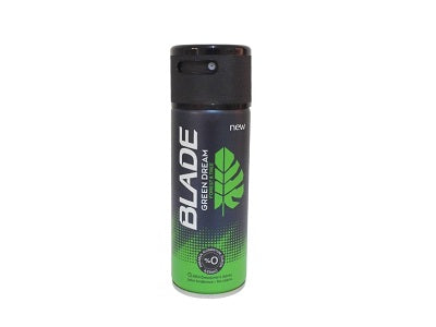 Blade green deodorant can with black cap and leaf graphic, 150 ml