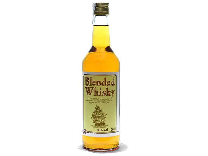 Whisky bottle with amber liquid and blended whisky label, clear neck cap