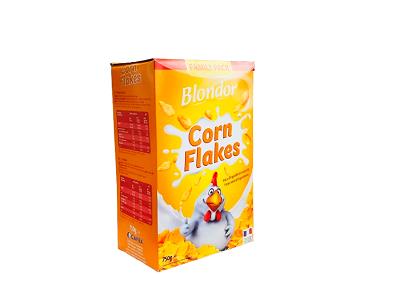 Blondor corn flakes cereal box, orange and yellow pack with cartoon rooster