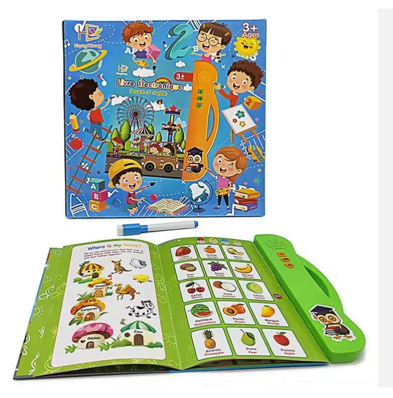 Electronic learning book with open pages, green base, and colorful activity cards