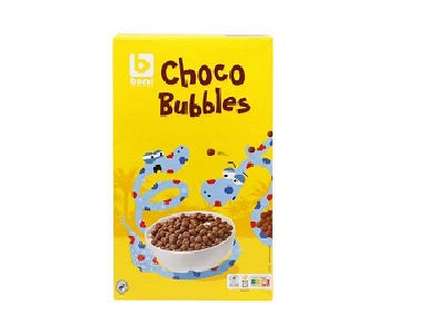 Yellow candy box with “Choco Bubbles” label and 750g weight