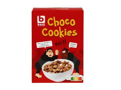 Boni Choco Cookies 750g box, chocolate cookie package with red graphics
