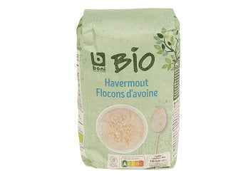 Organic oatmeal flakes bag, 500 g, labeled BIO and Haveromout