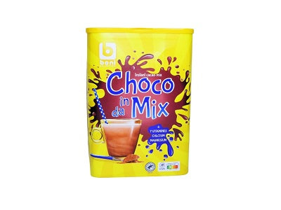 Yellow plastic container of chocolate mix with colorful front label