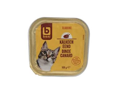 Cat food terrine tray, 100 g; turkey and duck flavor label on lid