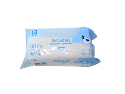 Boni Baby Sensitive wipes, 80-count pack, white wipes in blue pouch