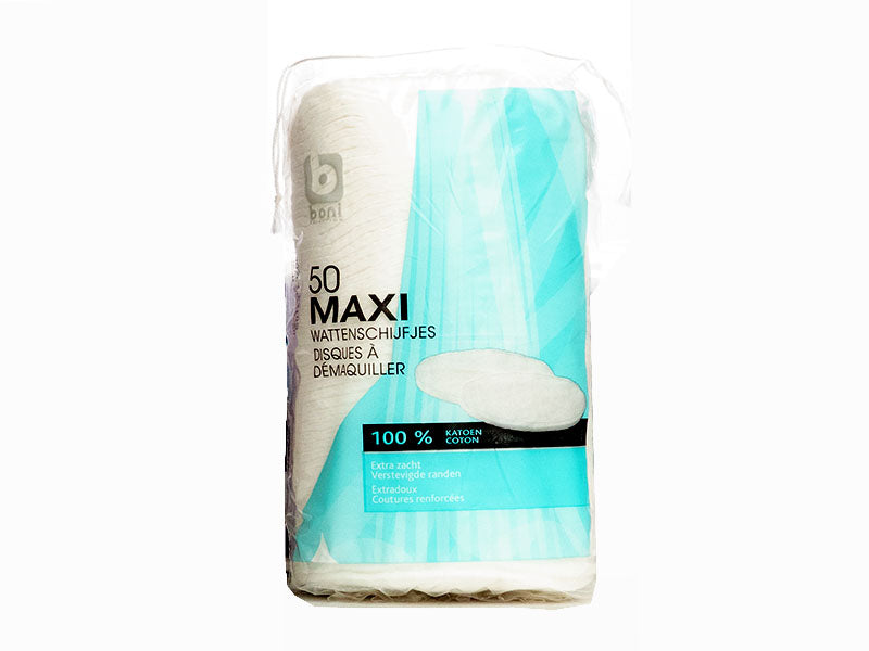 Boni Baby 50 Maxi cotton makeup remover pads, white pads in clear bag