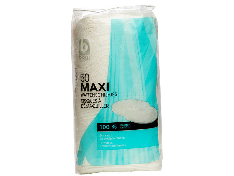 Boni Baby 50 Maxi cotton makeup remover pads, teal insert in clear bag