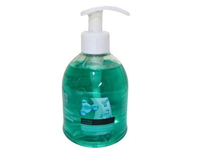 Liquid hand soap dispenser bottle with white pump, green liquid