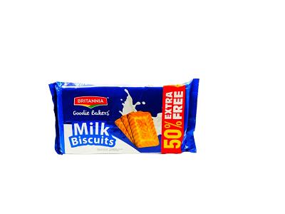Britannia Milk Biscuits pack, blue with biscuit image and “50% Extra” badge