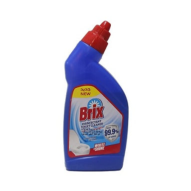 Brix toilet cleaner bottle with red cap, blue container, white & shine label