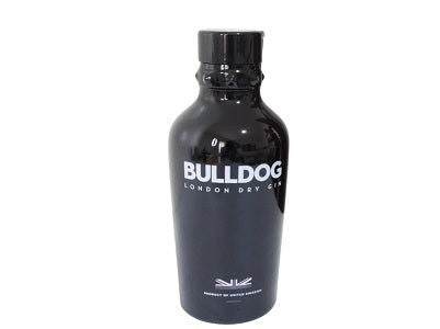 BullDog London Dry Gin bottle with black cap and blue label on dark glass
