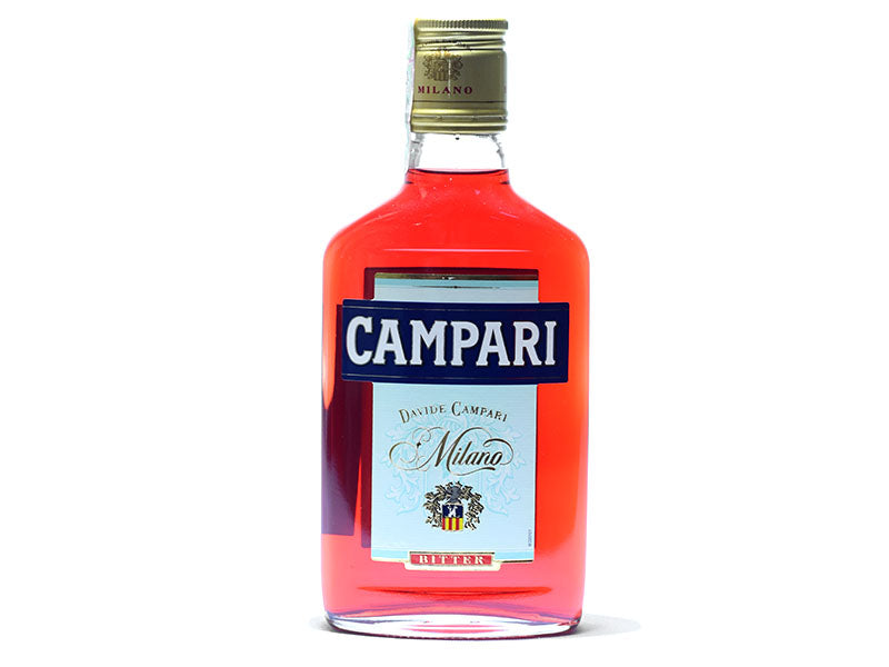 CAMPARI orange liqueur bottle with blue label and red glass, 100 cl