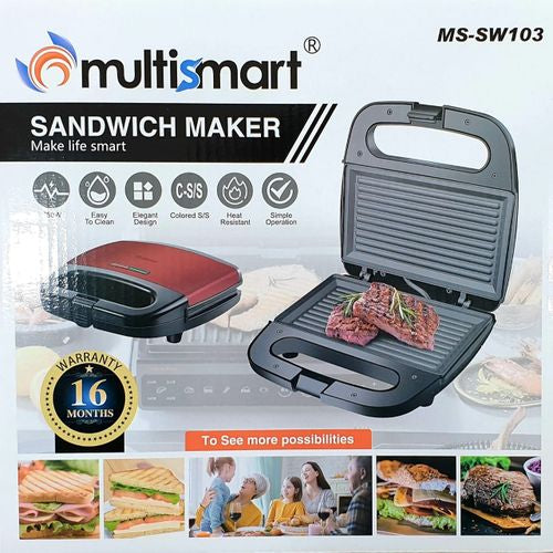 Multismart sandwich maker retail box showing closed and open grill views