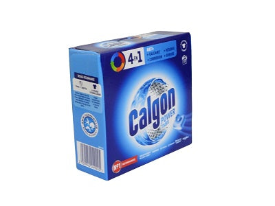 Calgon Power tabs laundry detergent box, blue carton with 4-in-1 label