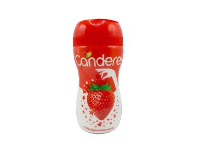 Canderel sweetener bottle with red cap and strawberry label