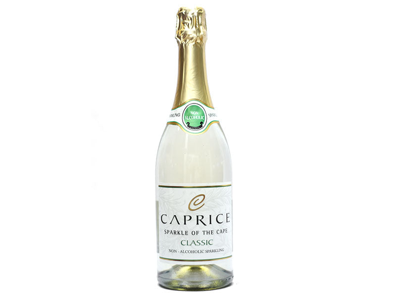 Non-alcoholic sparkling wine bottle with gold foil top and Caprice Classic label