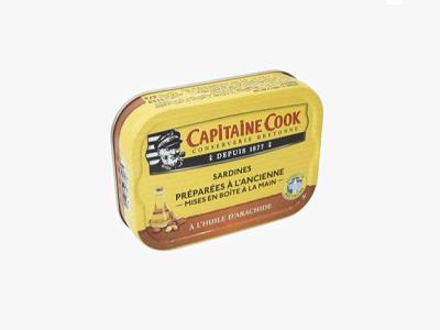 Captain Cook sardines tin with yellow label and gold foil lid