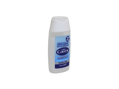 Carex moisturizing hand gel in a white squeeze bottle, blue label
