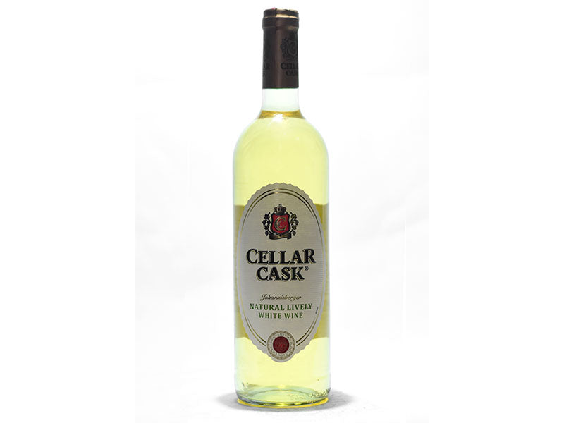 White wine bottle with Cellar Cask label and black foil top.