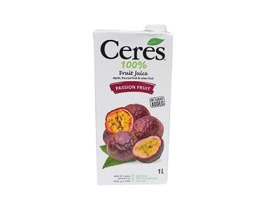 Ceres 100% passion fruit juice carton, 1L, white carton with fruit labels