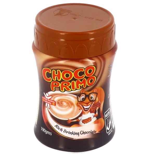 Choco Primo drinking chocolate canister, brown with CHOCO PRIMO label and cartoon kid