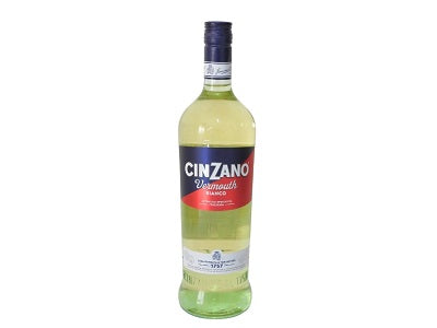 Cinzano Bianco vermouth bottle with straw-colored liquid and dark cap