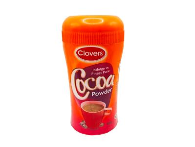 Clovers cocoa powder bottle with orange cap and label, plastic container