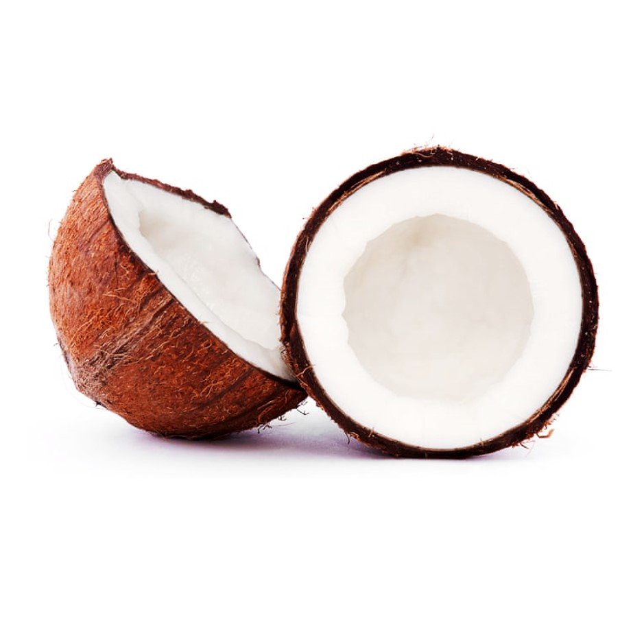 Coconut halves with white flesh and brown husk, one piece