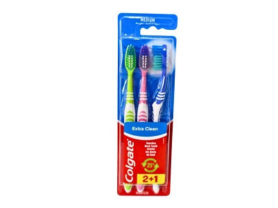 Colgate Extra Clean toothbrush set in blue blister pack with colored handles