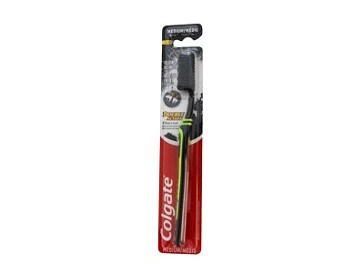 Colgate Double Action medium toothbrush in blister pack, dark bristles, green and red handle