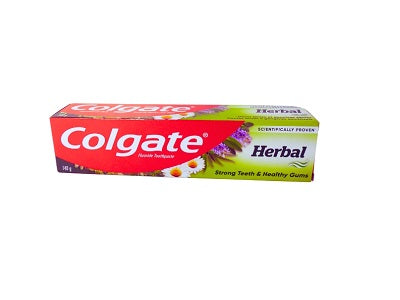 Colgate Herbal toothpaste box with red and green label; tube shown on front.
