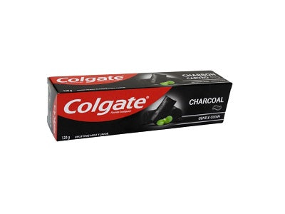 Colgate charcoal toothpaste box, green accents, gentle clean label
