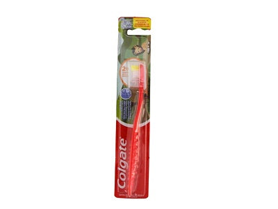 Colgate toothbrush with red handle and angled bristles in clear retail packaging