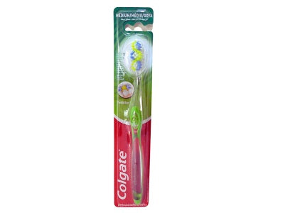 Colgate toothbrush with green handle and blue bristles, in blister pack