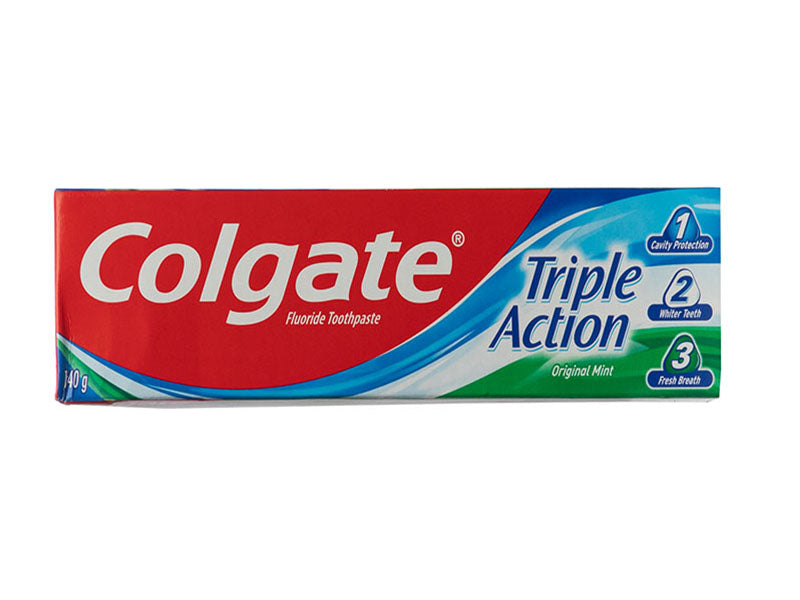 Colgate Triple Action fluoride toothpaste box, original mint, 140g