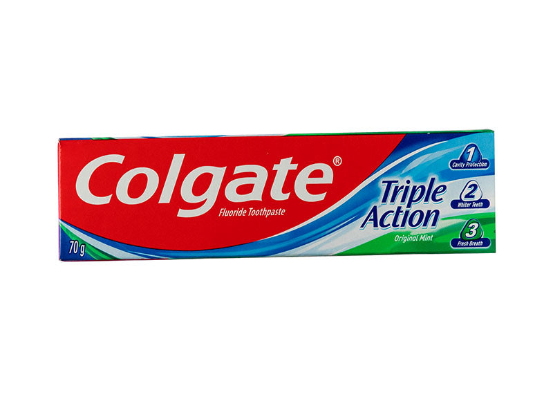 Colgate Triple Action toothpaste tube box, 70g