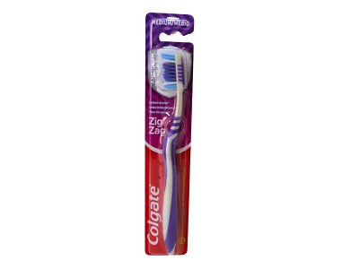 Colgate Zig Zag toothbrush in blister pack, purple brush head and white bristles
