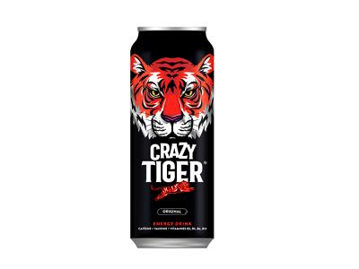 Crazy Tiger energy drink can, black with red tiger face and Crazy Tiger logo, 50 cl